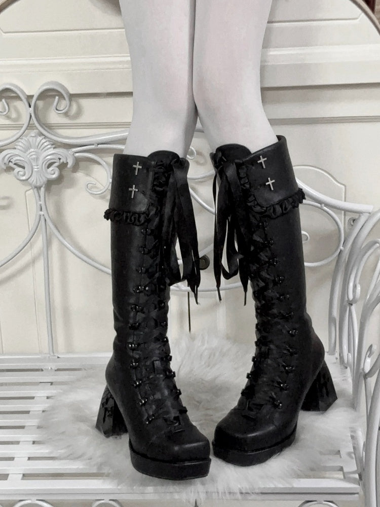 Gothic Lolita Tall Boots with Bow Accents & 8CM Cross Cutout Heel Design - Night Sakura Water Lantern