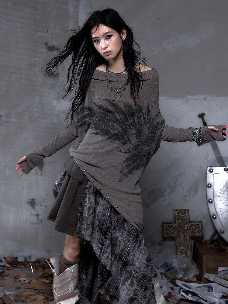 Cowl Wasteland Wing Punk Studded Convertible Print Gray Hoodie Off-Shoulder Neck Brown with Design