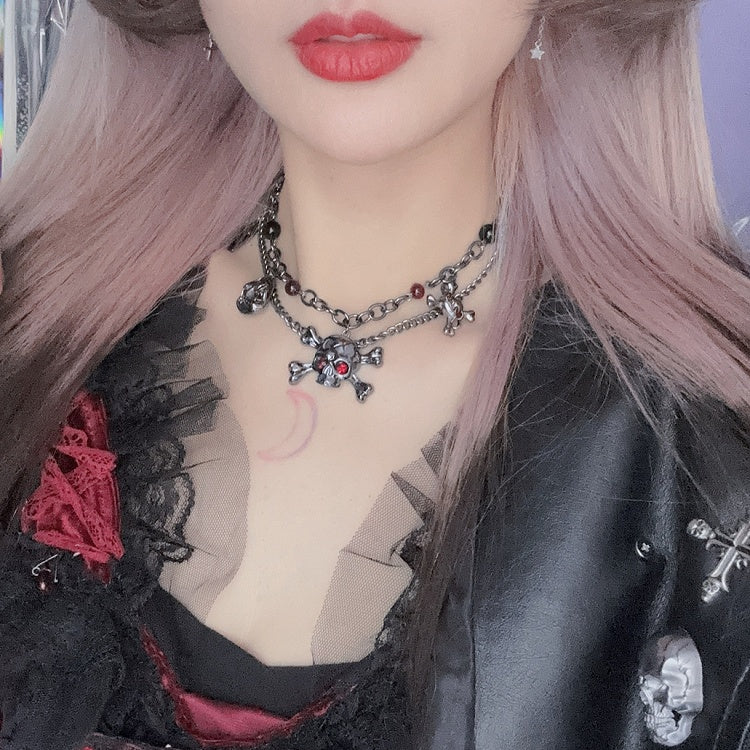 Silver Beaded Punk And Skeleton Necklace Decorated