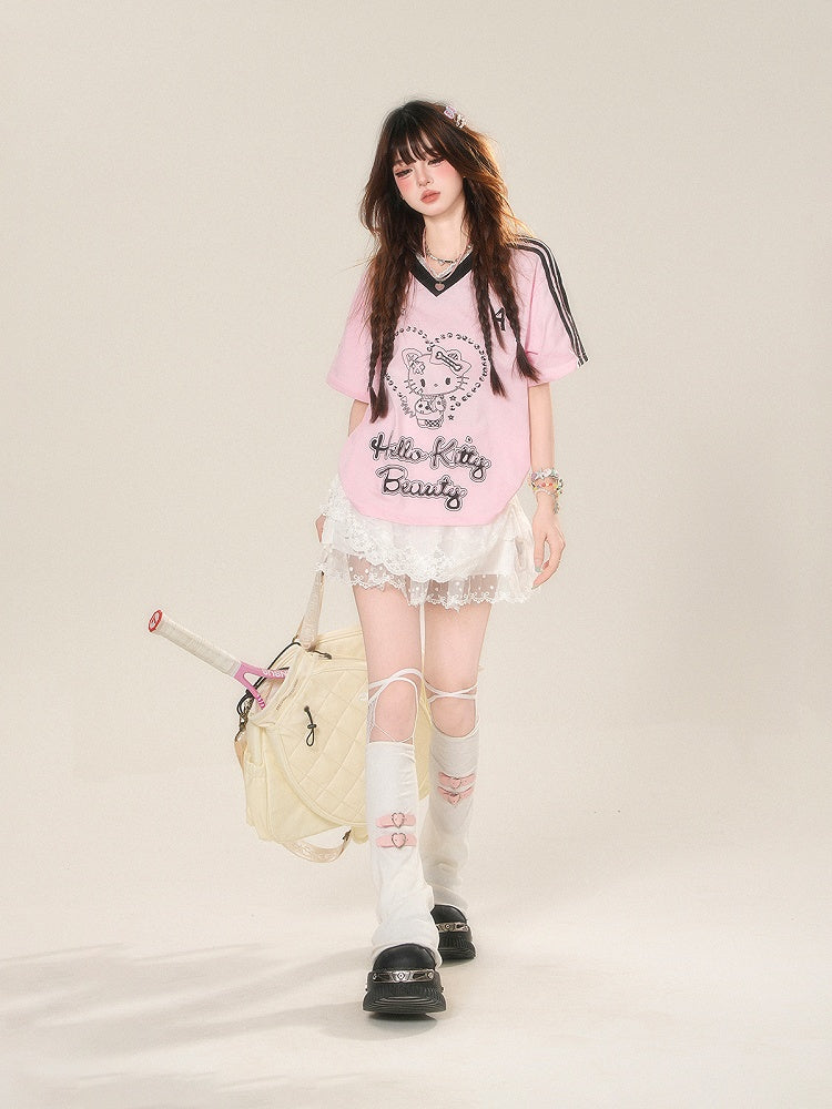 Pink V-Neck Kitty Print Contrast Loose T-Shirt Black Trim