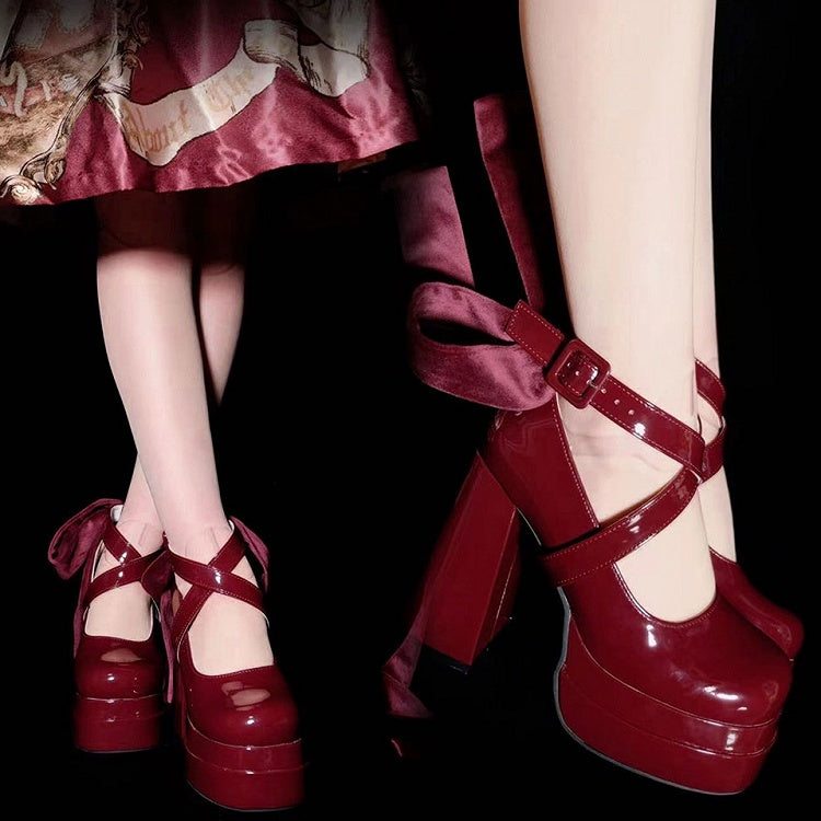 Block High Red in Buckle Elegant Heel Mary Double Janes Design Interchangeable Ribbons System Lolita Platform