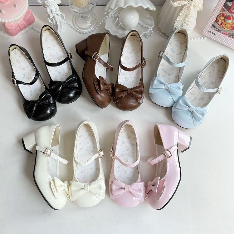 Design with Fastener Mid-heel - Decorative Bow Kitty Toe Shoes Round Lolita Brown 4.5cm PU Sweet in