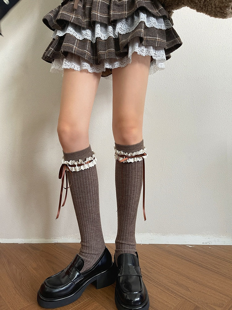 with Warm Colors Bowknot Socks Trim and Straps Calf Lace 5