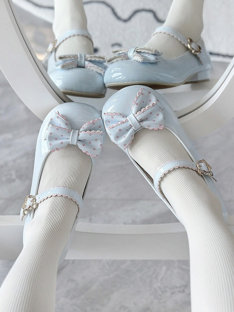 Round Lolita Bow Mary Blue in Jane Toe Polka Shoes 2.5cm Dot Bear PU Sweet with and Embellishment Buckle Charming