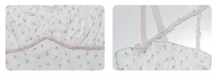 Rosa-blaues Cami-Top mit floralem Rüschenbesatz in Weiß