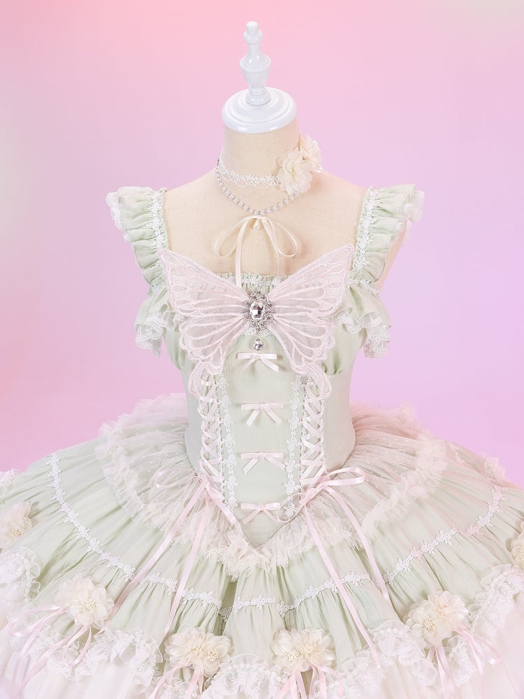 Fairy Light Green Boned Corset Waist Dress - Princess Lolita Jumper Skirt with Flowers - DevilInspired Exclusive Collection