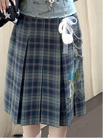 Plaid Vintage Blue Skirt Printed Pleat Box