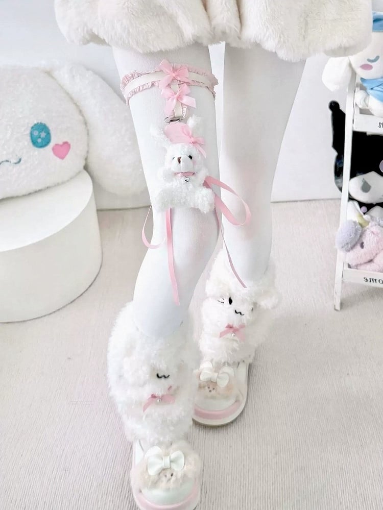 Fluffy Warmers with White Bows Leg Cat Pink