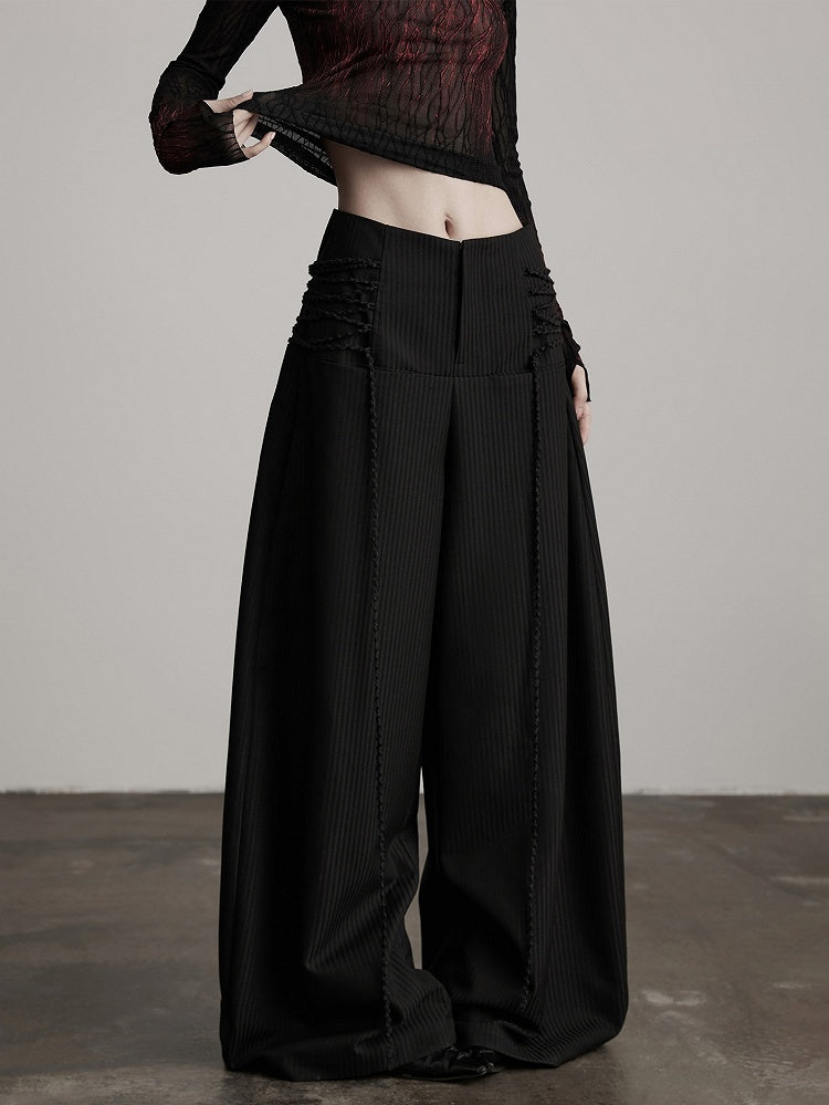 with Tie Curved Deco Pants Wide-Leg Goth Urban Black
