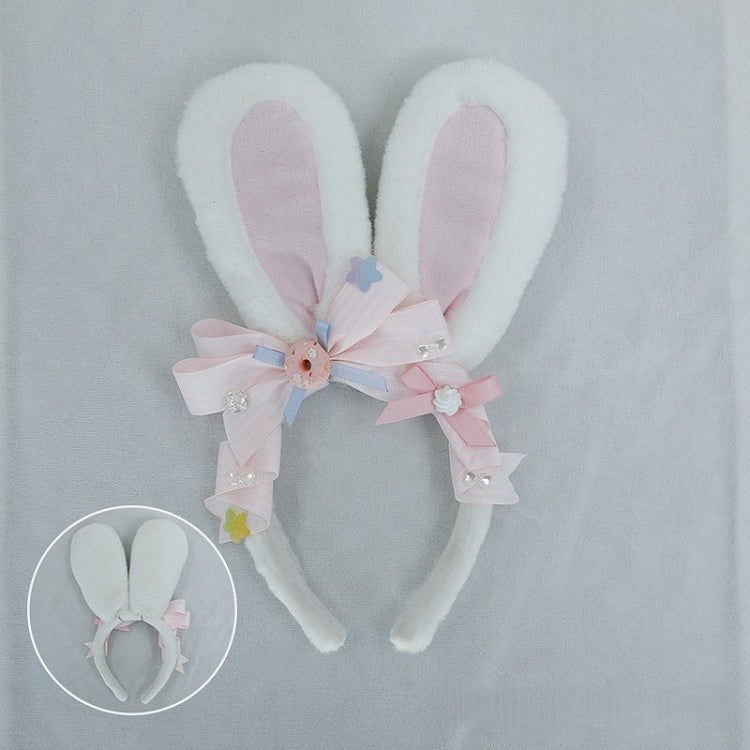 / White Cute and Bow Bunny Ear KC Plush Lolita Donut Decorated Pink