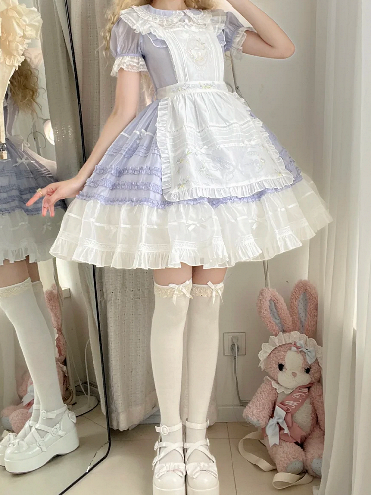 Ärmelkleid Lolita Peter Pan Kurz Weiß Lila und Kragen