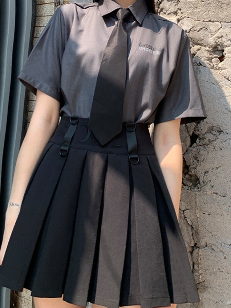 Black High Waist Box Pleat Overall Skirt