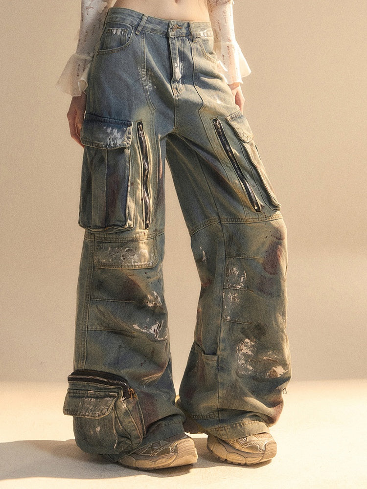 Blue Distressed Wide-Leg Jeans with Spray Paint Print and Zipper Pockets - Shao Ye Yan