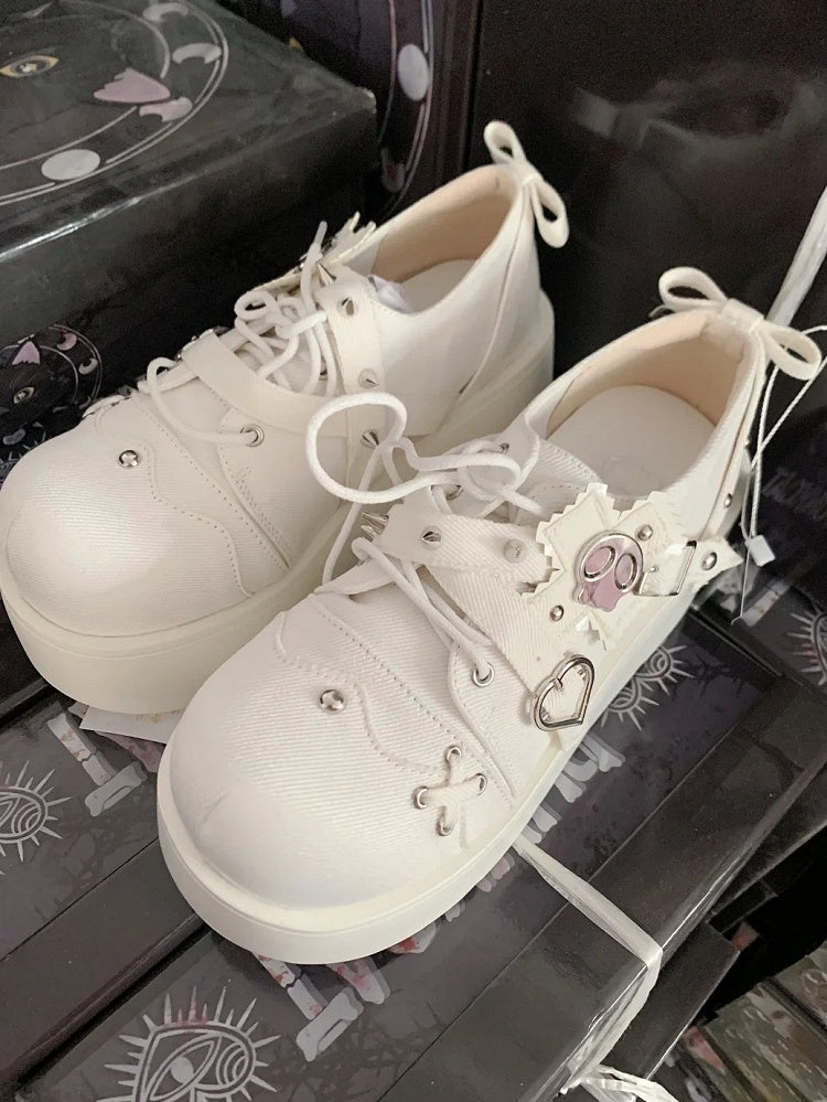 Cross Shoes Style Denim in Platform Decor Skeleton Studs White Details Punk