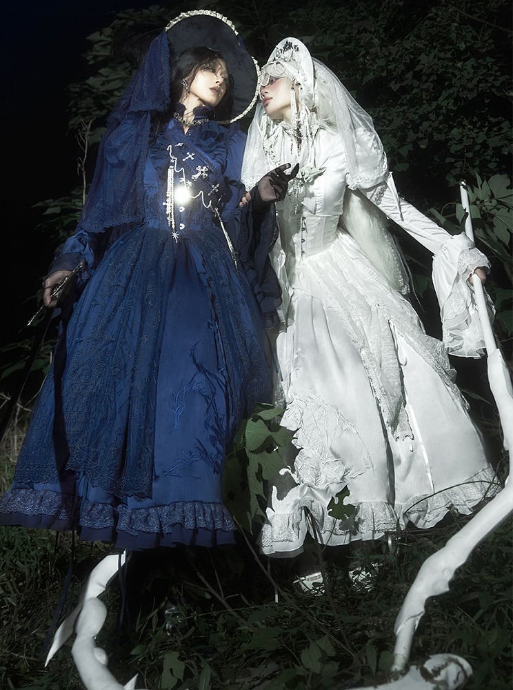 Dark Blue Long Sleeves with Flounce Cuffs Gothic Lolita Blouse