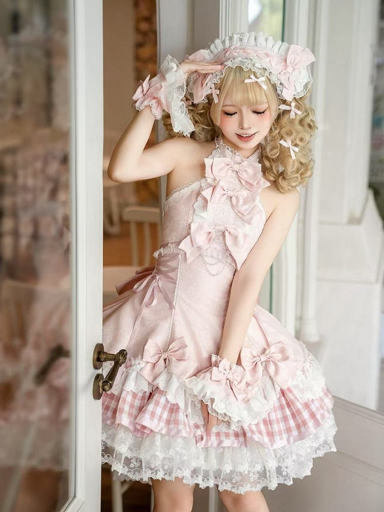Set Accents Sweet Lolita Idol Pink Neck Bow Dress Halter Sakura / JSK Full