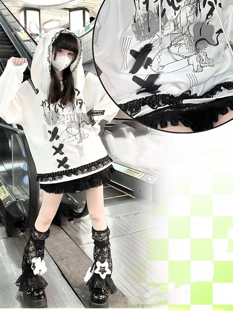 Hoodie with Bunny Ears Criss-Cross Lace Detail Style White Landmine / Black