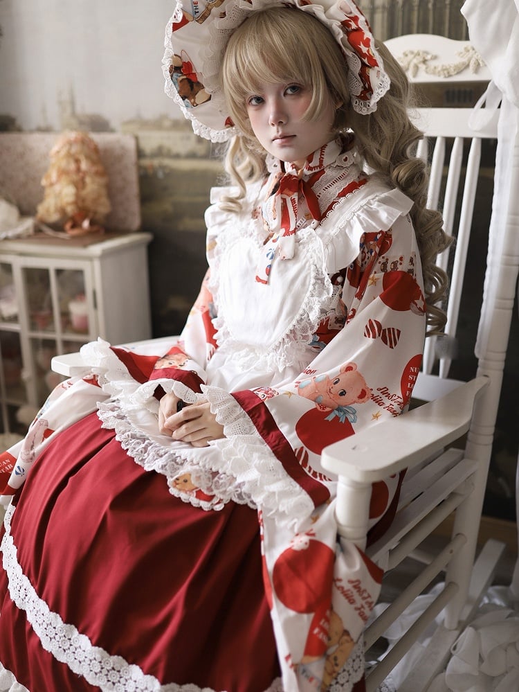 + Design Print Trimmed Set Wa Lolita Bear Beige Lace Top Crossover Dress JSK Red