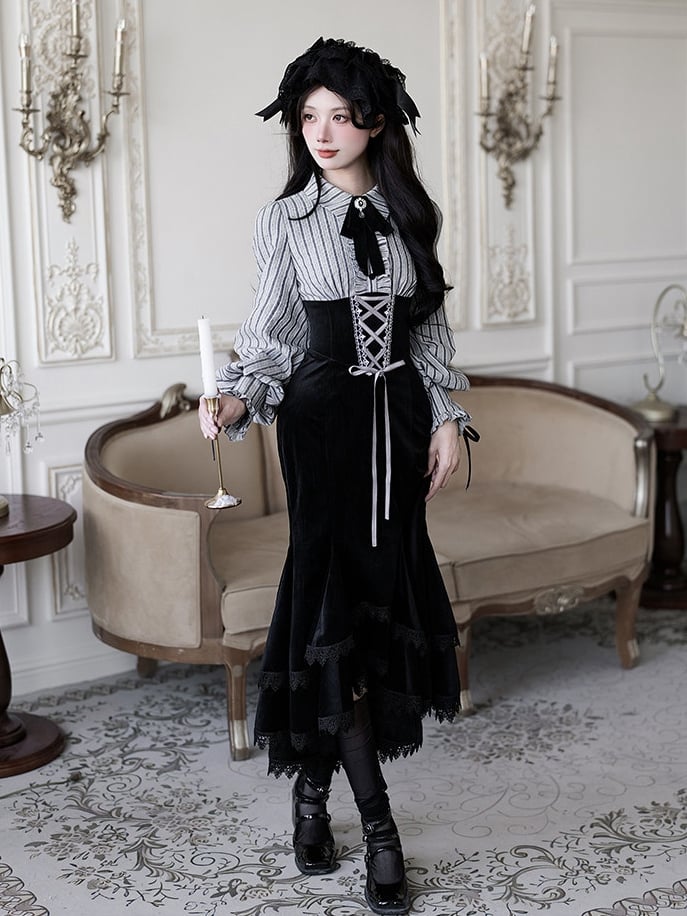 Blouse Mermaid Fake Black Pieces Two Waist and Lolita Skirt Boned Design Dress Striped