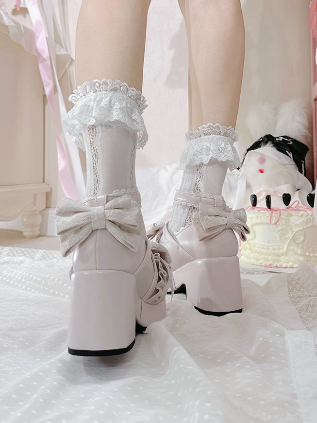 Pink Jirai Kei Platform Block Heels with Heart Buckles & Crisscross Bow Top - Transfer Student