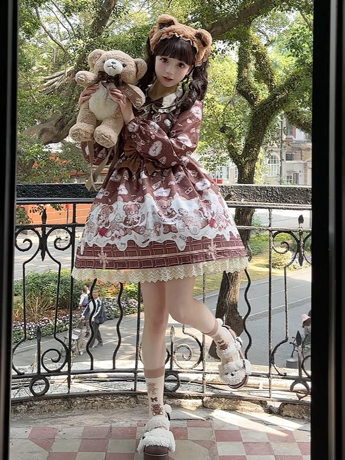 Lolita Trim Print Sweet Chocolate Bear OP Coffee with Teddy Lace
