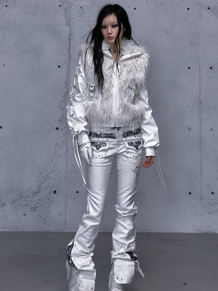 Embellishments Studded Jeans Punk Lace White Flare Silver with Vintage Details Slight