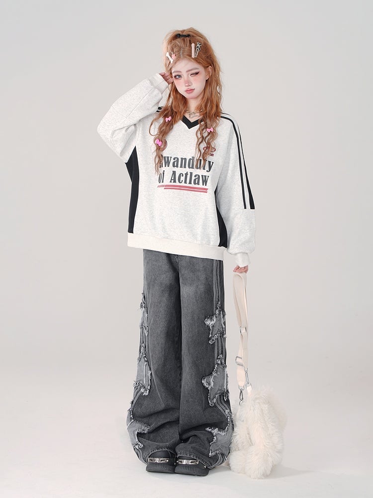 Low Grey Waist Wide-Leg Jeans with Frayed Star Patchwork