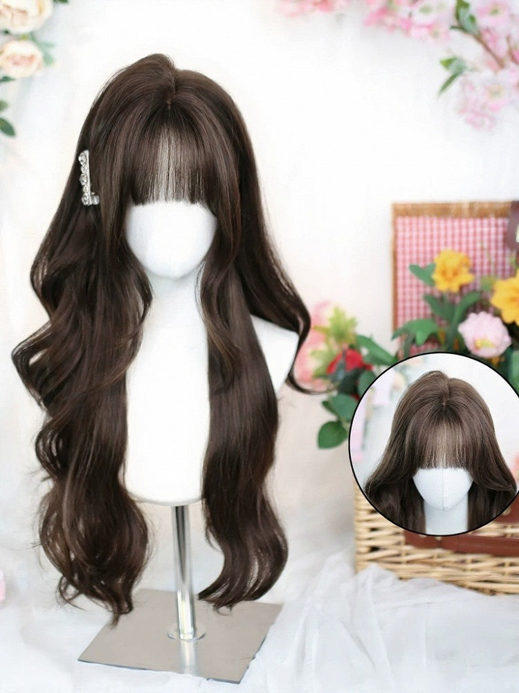 Brown Long Wavy Curly Wig with Air Bangs - Dalao Home