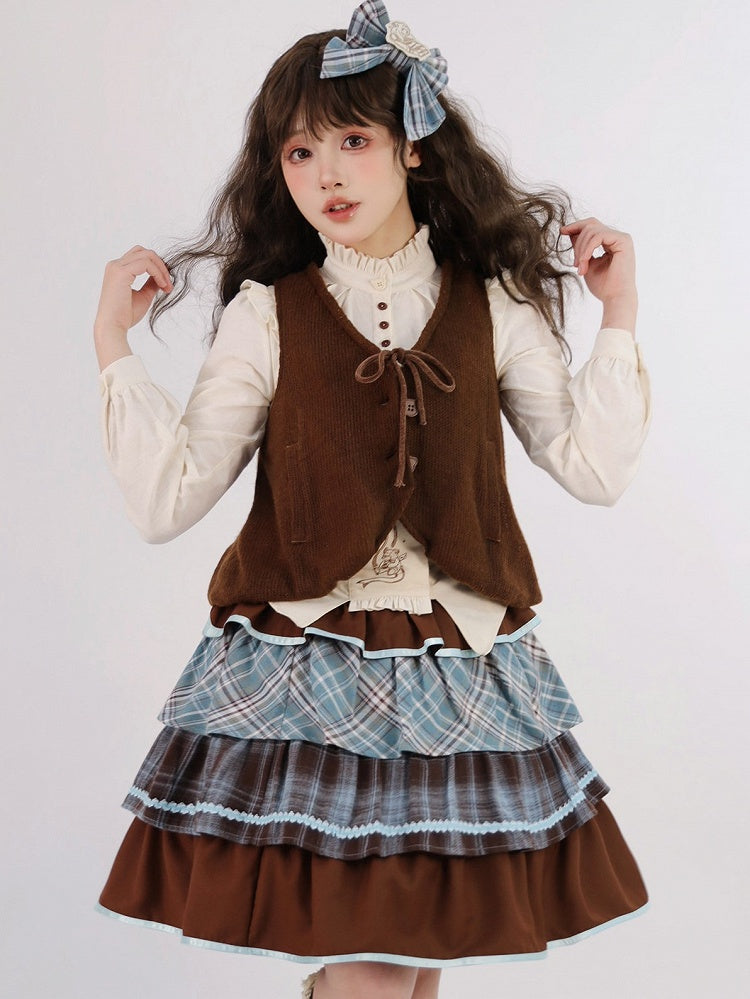 Beige with Lolita Ruffle Sweet Embroidery Bear Blouse Neckline