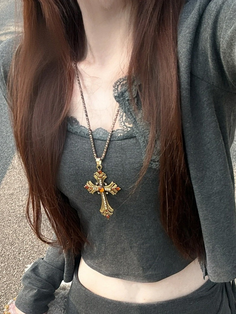 Gold Rhinestone Cross Pendant Necklace - WhaleHall