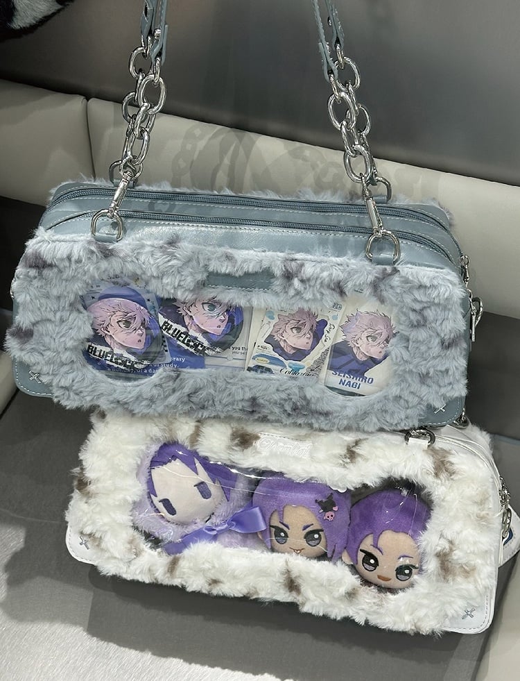 White Plush Ita Bag with Cute Puppy Charm - Daylight