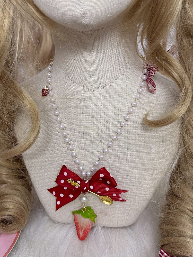 Polka-dot Strawberry Beaded and Bow Necklace Red Pendant