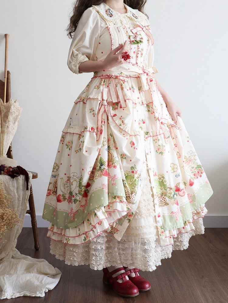 Bunny Lolita Grünes Kleid Print Saum Fashion House Pink Floral und