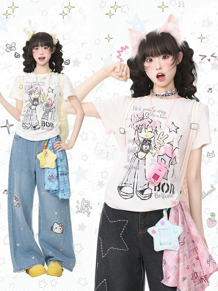 Pink Cartoon Graphic Short Sleeve Tee - Languid Park