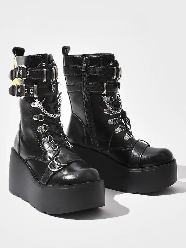 Chain - in Heart Platform System Multi-Closure Charm with Details Boots Style Punk Black