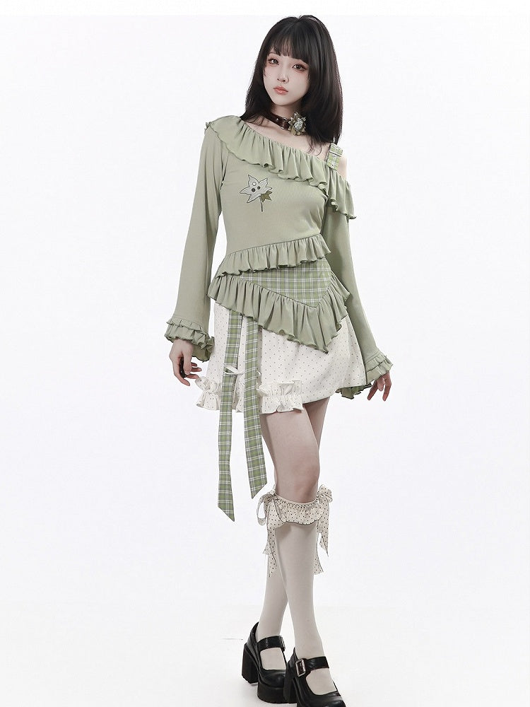 Light Green Asymmetrical Flare Sleeve Top with Ruffle and Leaf Embroidery - PINK SAVIOR