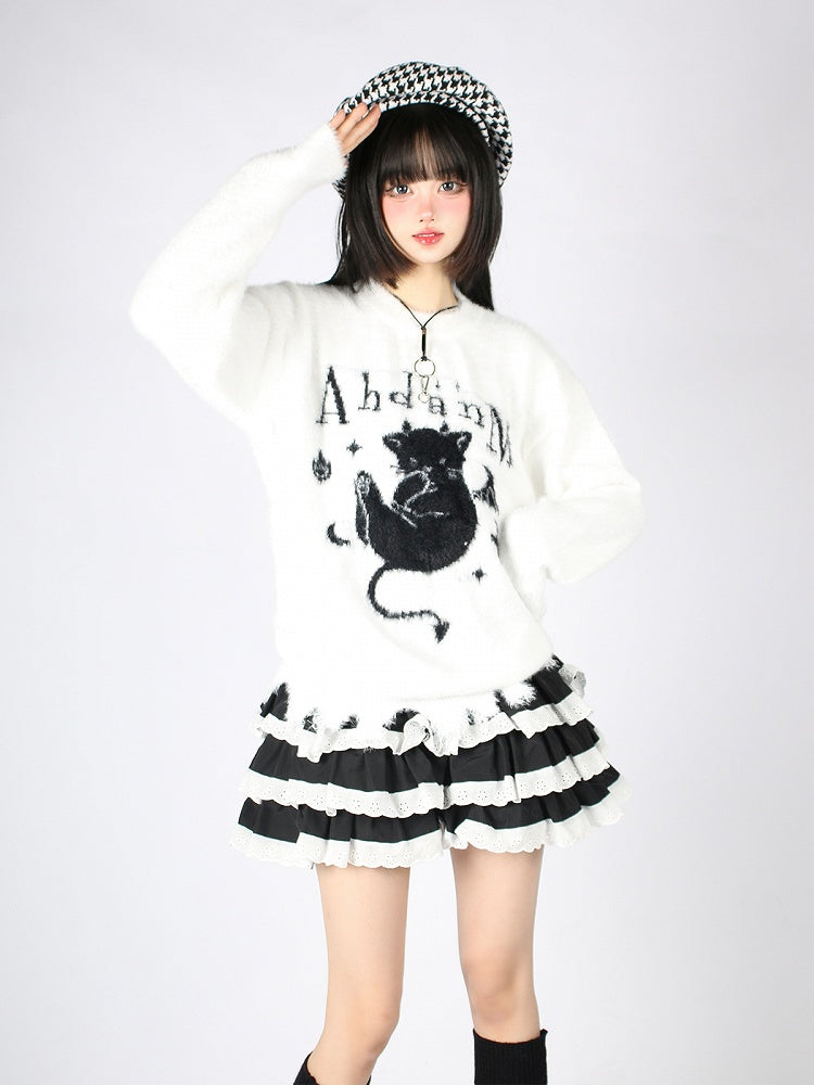 Cozy Kitten Furry Sweater - Perfect for Fall and Winter Black/White