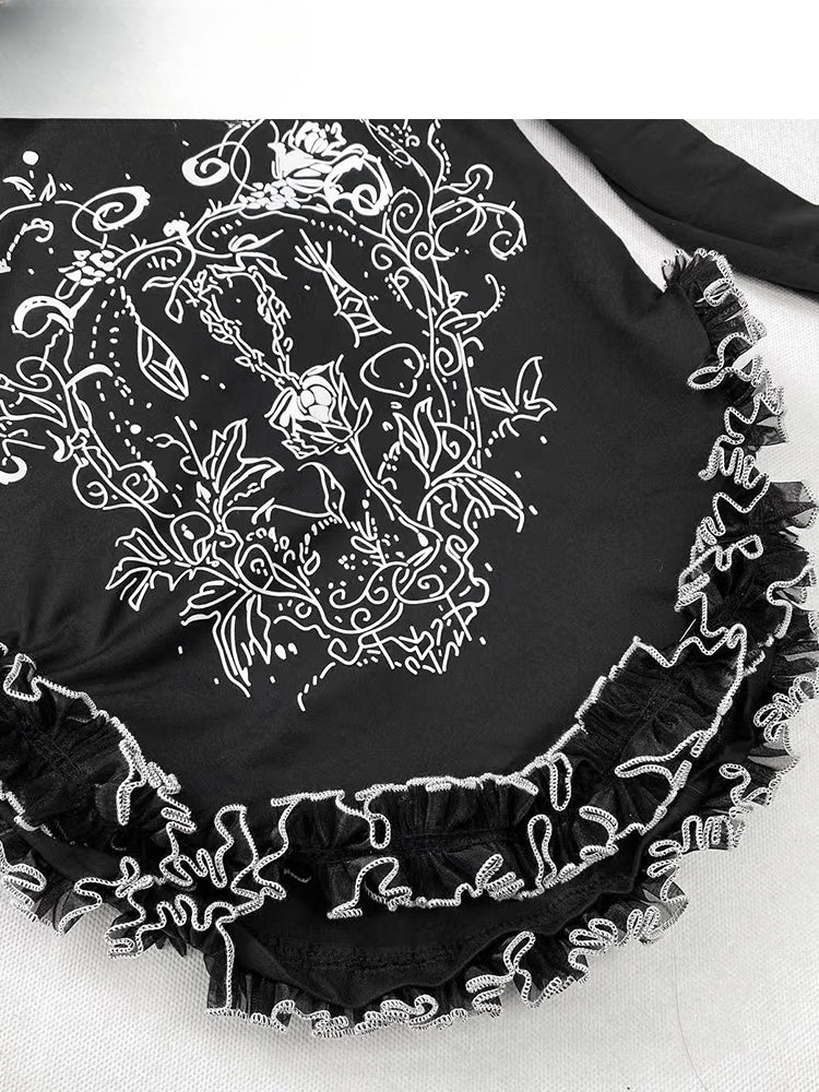 Gothic Black Y2K Ruffle Neckline Asymmetrical Hem Top