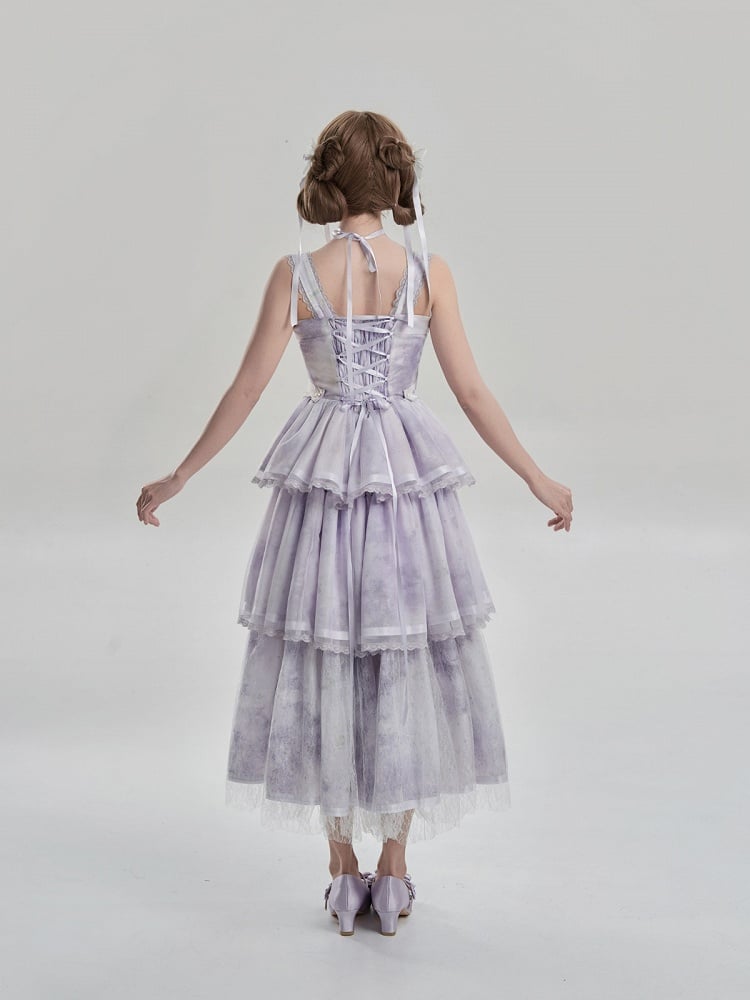 Oil Dress Painting and with Tiered Purple Lolita JSK Print Hem Embroidery Detail
