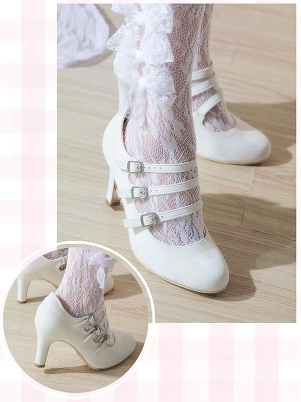 Lolita High-heel Suede Fashion Elegant Detail Strap White Buckle for with Janes Mary Triple