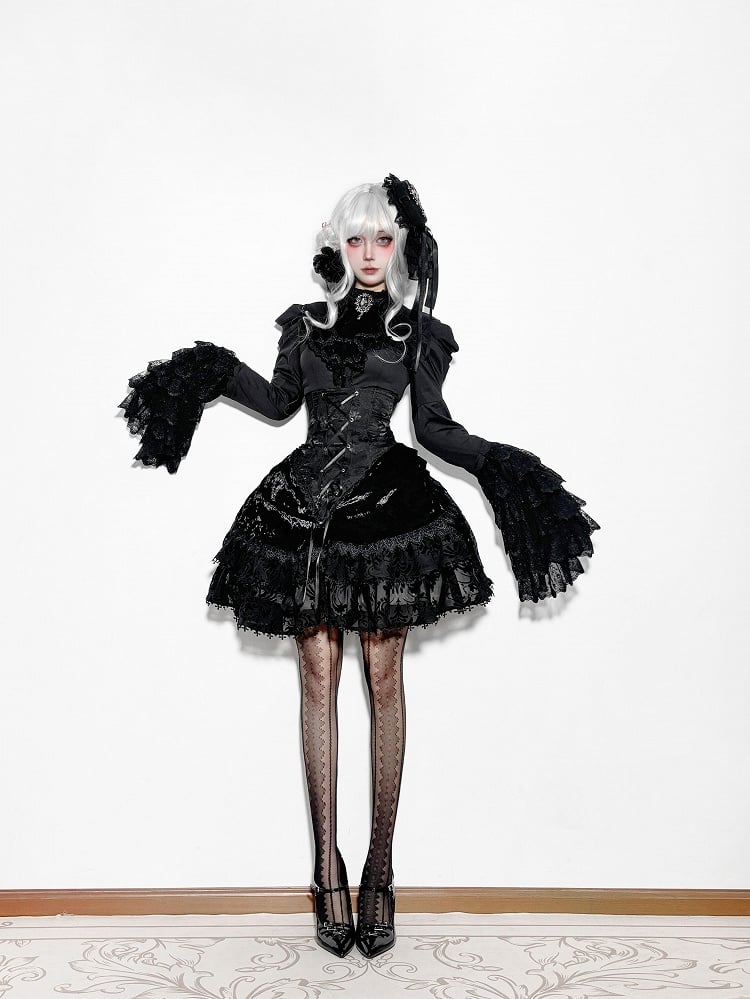 Long Sleeves Shirt Gothic High Boned Black Set All Lolita - Bell + Full Tie Mini Hat Jabot Skirt Waist