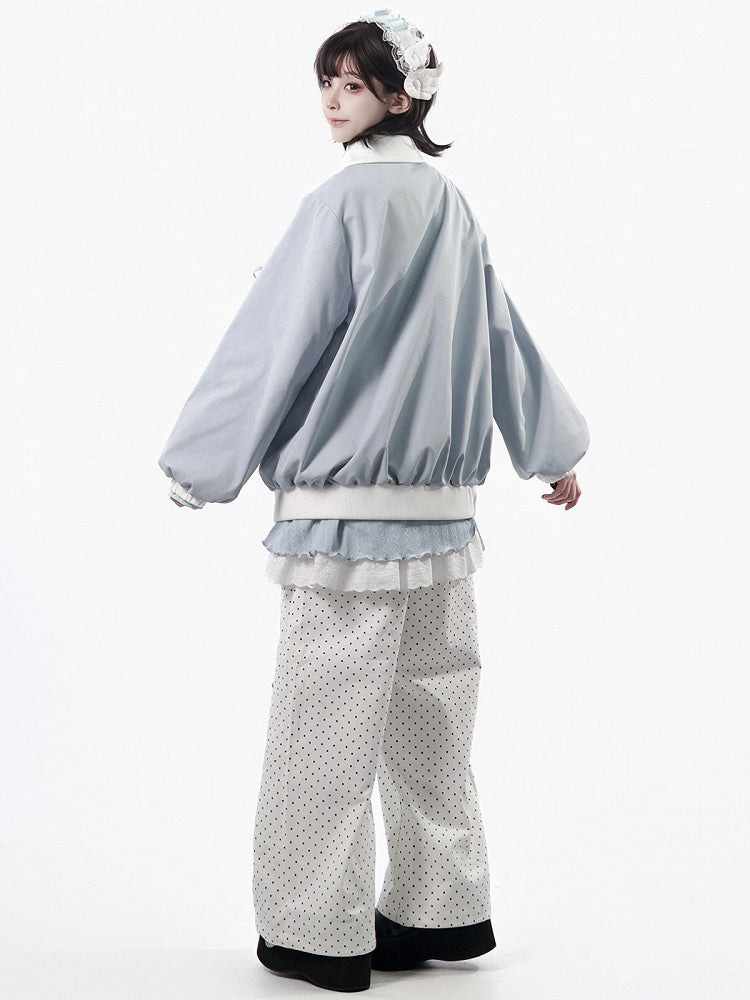 Light Blue Scalloped Placket Jacket with Rocking Horse Print & Toggle Buttons for Fall Winter - PINK SAVIOR