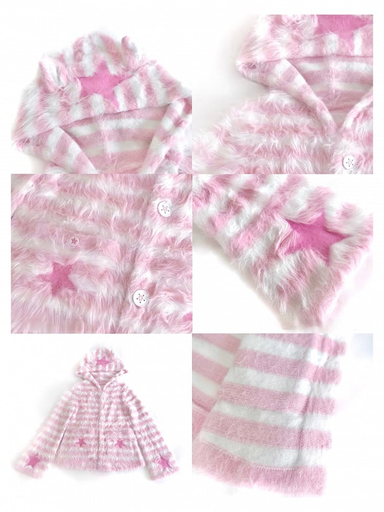 Jacket Striped Ear Hooded Star with White Cat Pink Accents Front Button-Up