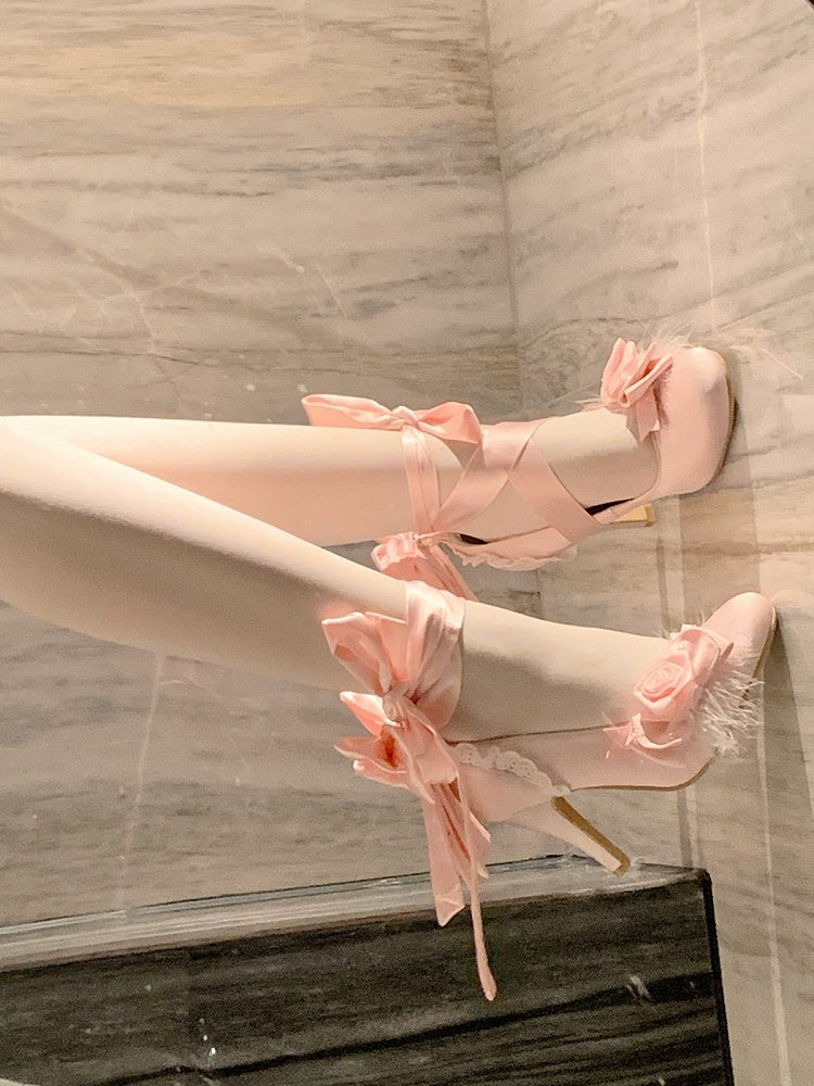 Sweet Lolita Pink Rose & Bead Embellished 9.5cm High Heels with Bowknot at Back - Cheese Mango