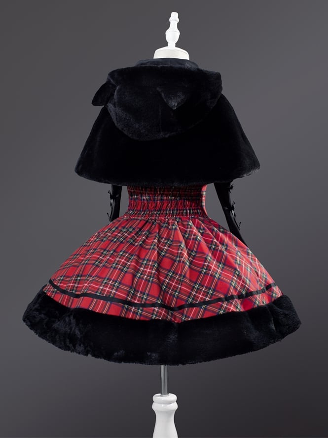 Weihnachten Rote Katzenohren Plüsch Saum Plaid Kleid Lolita Pullover Rock