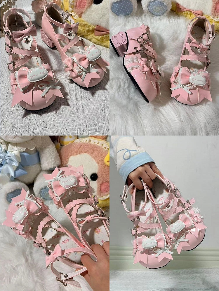 Mary Kitten - Sweet Hem Scalloped Pink Bow Lolita Janes Accents Heel Toast PU Crossed with Straps