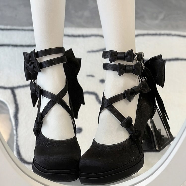 High in 9cm Bowknot Black Heel Details Elegant Camellia-Embedded Lolita Mary Block Janes