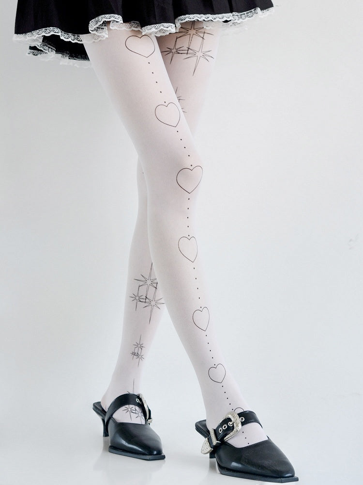 White Heart & Star Print Tights