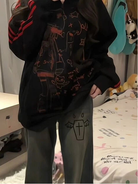 with Jacket Cartoon Red Graphics Black Striped Regular/Thicken