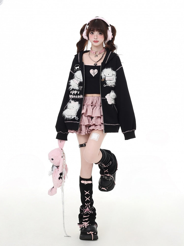 Puppy Embroidery Applique Black/Light Blue Plush Zip Closure Hoodie